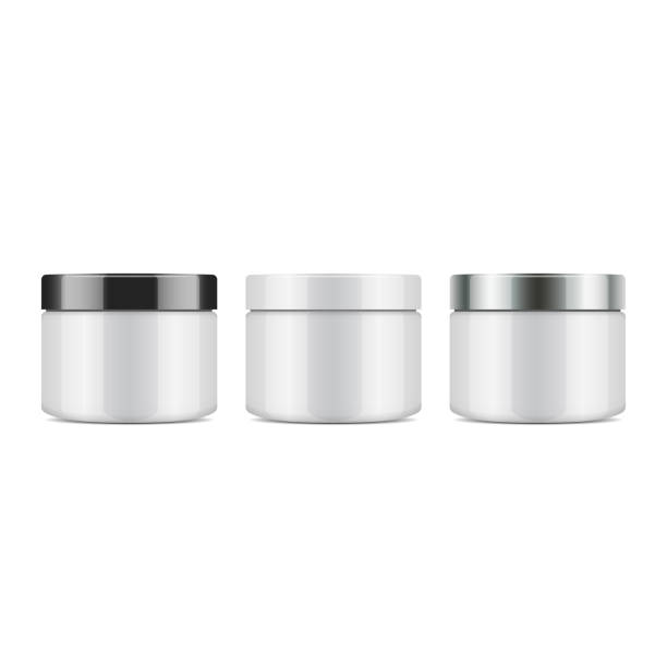 Set of round white plastic jar with lid for cosmetics. Vector mockup template Set of round white plastic jar with lid for cosmetics. Vector mockup template for your design bath salt stock illustrations