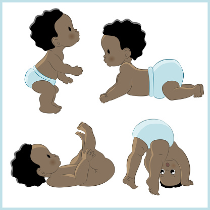 Set of vector illustrations with cute black little newborn babies. Dark skin, black eyes. African american children. White background