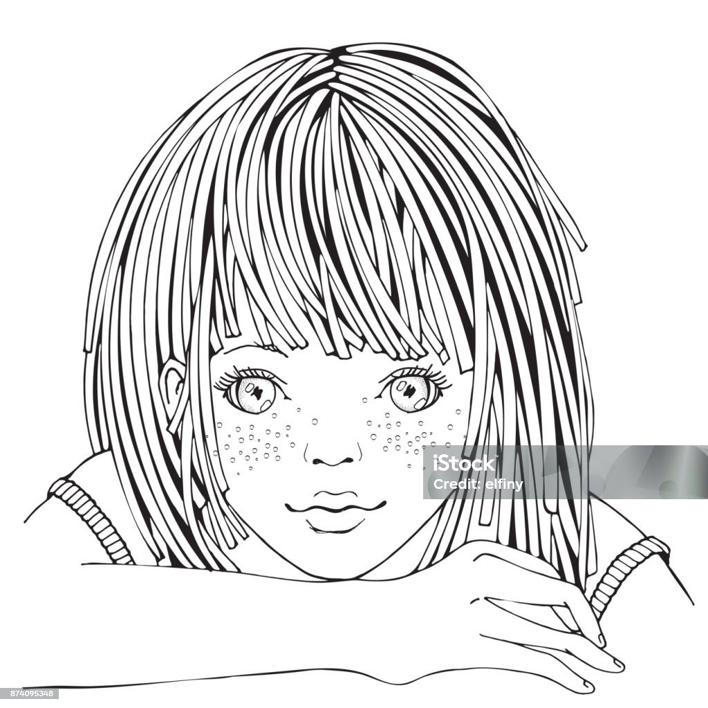 Cute cartoon little girl. Coloring book page for adult and children. Black and white vector. Arts Culture and Entertainment stock vector