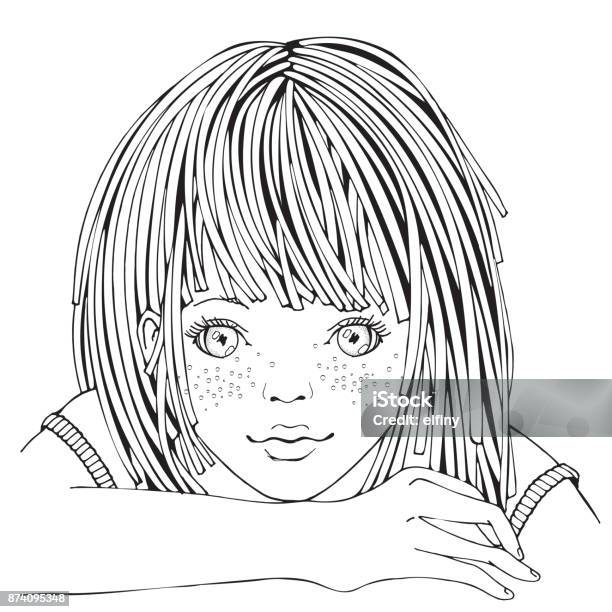 Cute Cartoon Little Girl Coloring Book Page For Adult And Children Black And White Vector Stock Illustration - Download Image Now