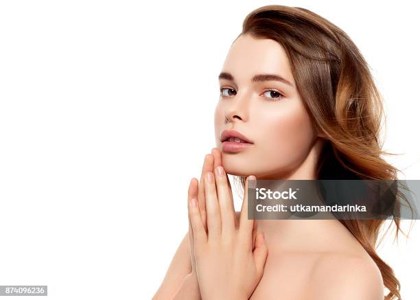 Beautiful Brunette Woman Portrait With Healthy Hairclear Fresh Skinsmiling Girl Isolated On A White Backgroundskincarespabeauty Model Stock Photo - Download Image Now
