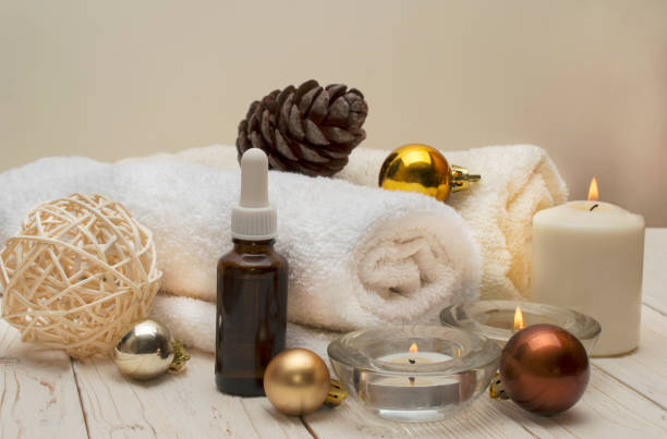 istock spa concept, wellness objects on wood plant , christmas background. Present holiday 874096248