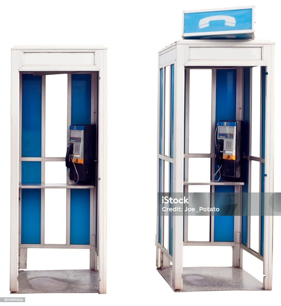 Vintage Phonebooths Two isolated blue and white vintage outdoor telephone booths. Telephone Booth Stock Photo