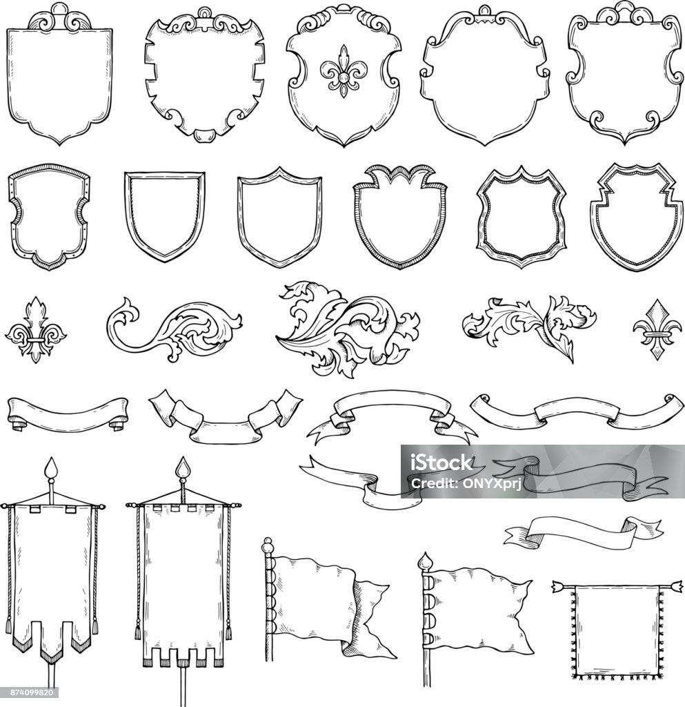 Illustrations de boucliers vintage médiévales armés. Rubans et cadres héraldiques vector - clipart vectoriel de Armoiries libre de droits