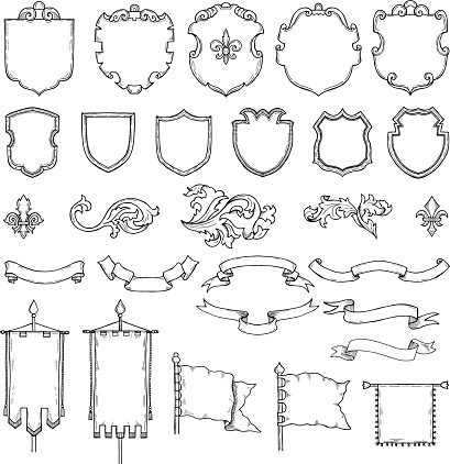 Illustrations of armed medieval vintage shields. Vector heraldic frames and ribbons. Shield and ribbon, heraldic frame medieval shields
