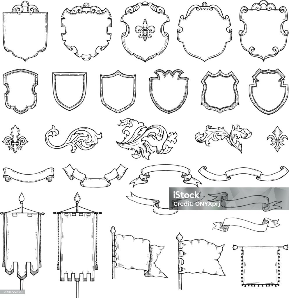 Illustrations of armed medieval vintage shields. Vector heraldic frames and ribbons Illustrations of armed medieval vintage shields. Vector heraldic frames and ribbons. Shield and ribbon, heraldic frame medieval shields Coat Of Arms stock vector