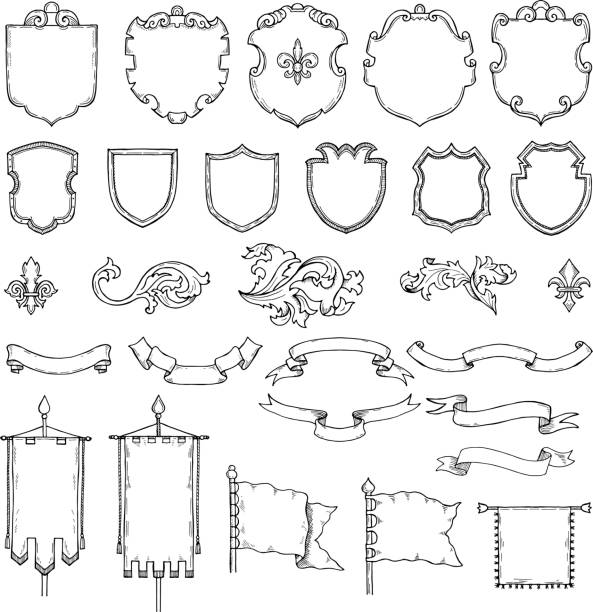 Illustrations of armed medieval vintage shields. Vector heraldic frames and ribbons Illustrations of armed medieval vintage shields. Vector heraldic frames and ribbons. Shield and ribbon, heraldic frame medieval shields coat of arms stock illustrations