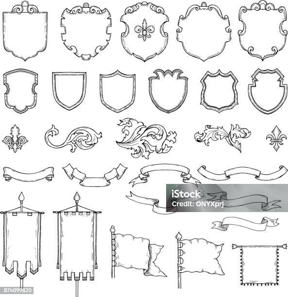Illustrations Of Armed Medieval Vintage Shields Vector Heraldic Frames And Ribbons Stock Illustration - Download Image Now