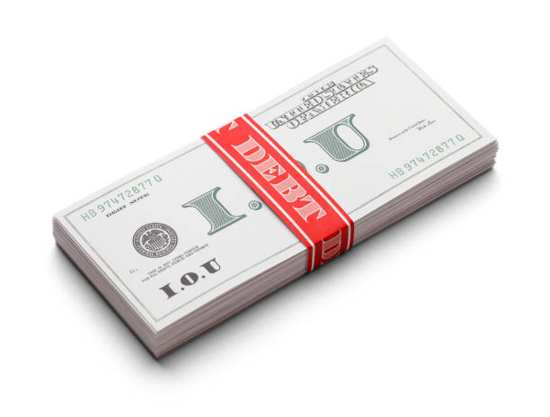 Debt IOU Stack Of IOUs as paper curency with a money band that says Debt on it. Isolated on a white background. uncle sam broke stock pictures, royalty-free photos & images
