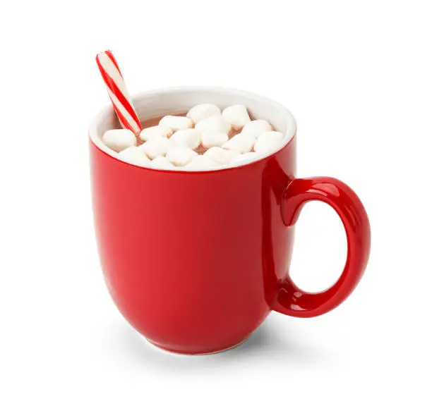 Cocoa in Red Mug with Marshmallows and Candy Cane Isolated on White Background.