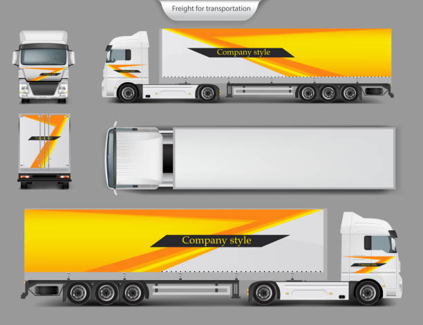 Mock up, template brand design for truck Set of vector 3d realistic icons of cargo truck, trailer front, back, top and side view isolated on gray background. Mock up, template brand design for truck, company style, identity truck drawings stock illustrations