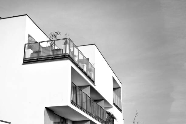 Shady dark settlement with terraced houses in a suburb, with a bright colorful toy balloon on an ugly dirty old balcony, suburb, Black and white, bw