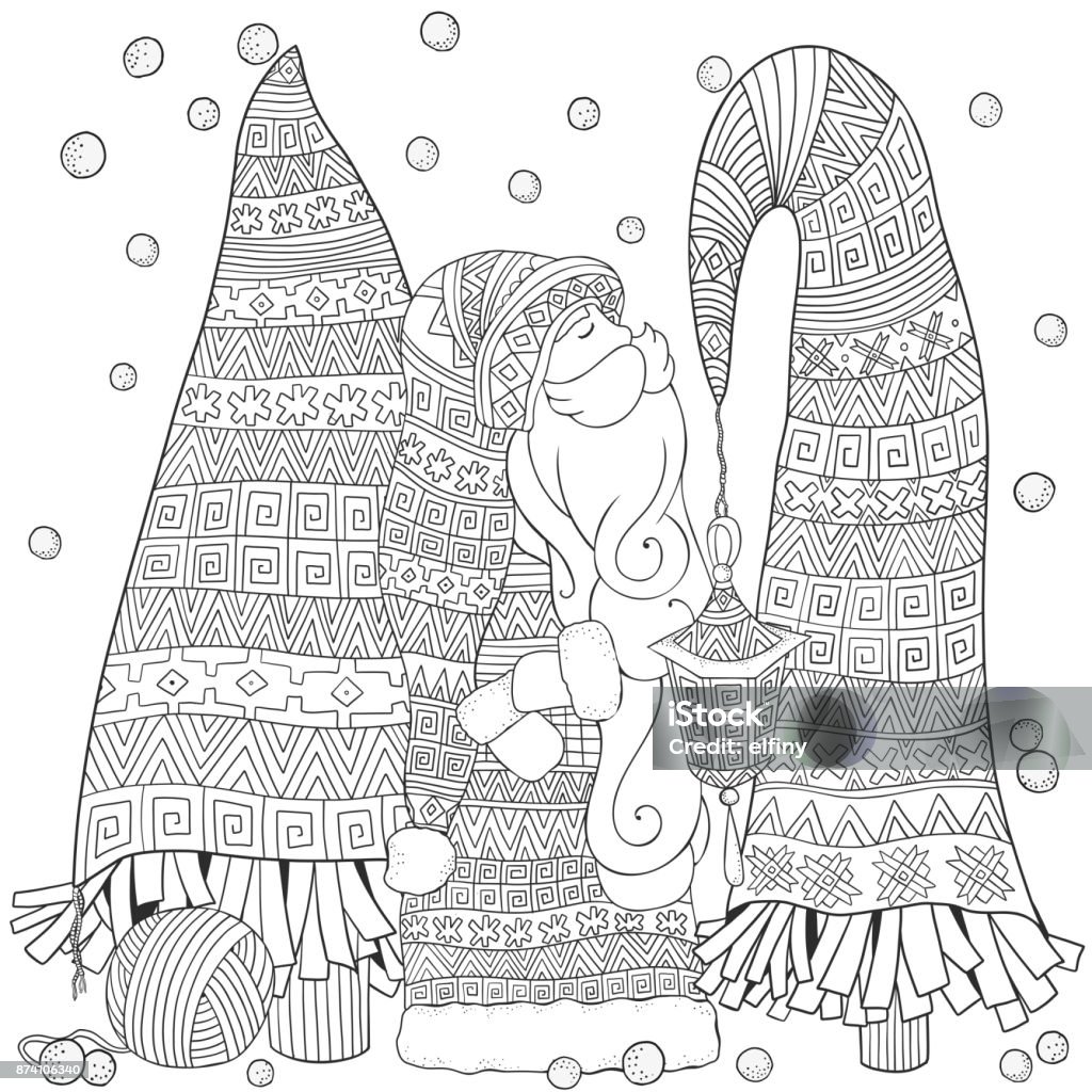 Cartoon Santa with Christmas trees. Merry christmas. Set of Xmas hand-drawn decorative elements in vector. Pattern for adult coloring book page. Black and white. doodle style. Cartoon Santa with Christmas trees. Vector Pattern for adult coloring book page. Black and white. doodle style. Christmas stock vector