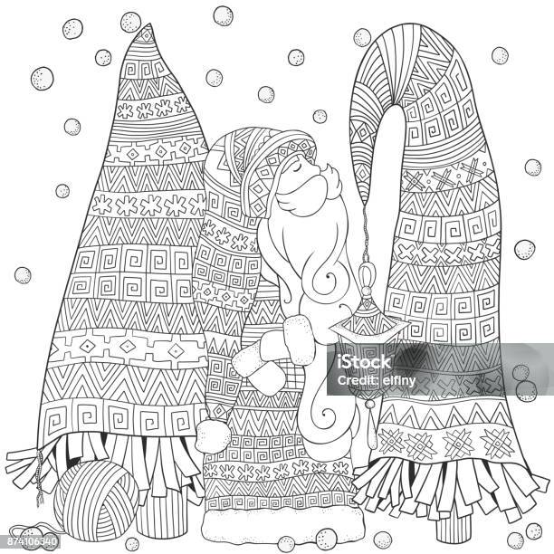 Cartoon Santa With Christmas Trees Merry Christmas Set Of Xmas Handdrawn Decorative Elements In Vector Pattern For Adult Coloring Book Page Black And White Doodle Style Stock Illustration - Download Image Now