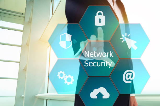 istock businessman pressing security button on virtual screens with hexagons and transparent honeycomb 874111106