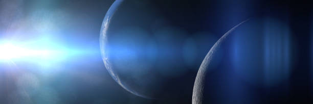istock sunrise over planet Earth and the Moon (3d render banner, elements of this image are furnished by NASA) 874111298