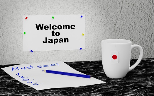 Big mug and label on the wall with text Welcome to Japan. 3D rendering.