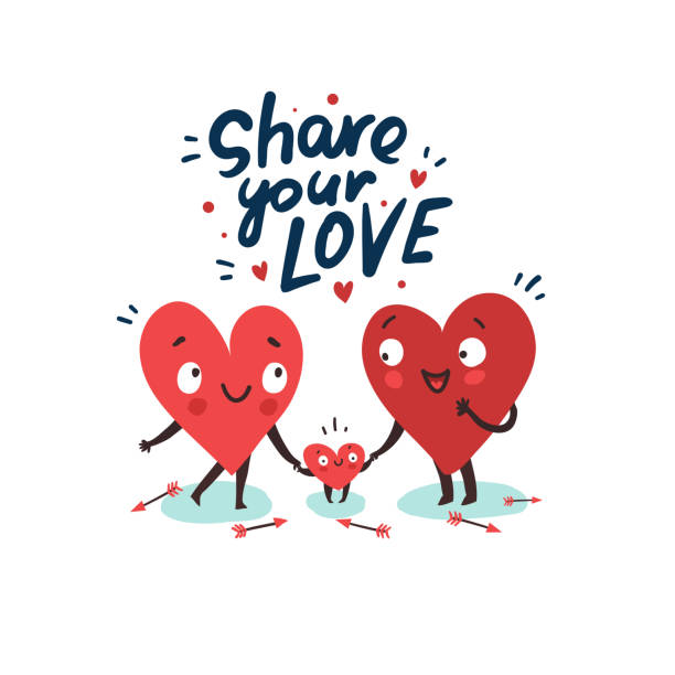 Hearts characters as symbols of love and family Cute family, parents with child. Hearts characters as symbols of love and family. "Share your love" hand drawn lettering. Vector colorful illustration good job emoji stock illustrations