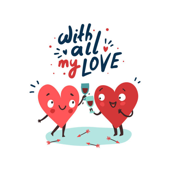 Two happy hearts drinking wine, lettering With All My Love Couple in love. Two happy hearts in love drinking red wine. Hand drawn lettering With All My Love couple hugging drawing stock illustrations