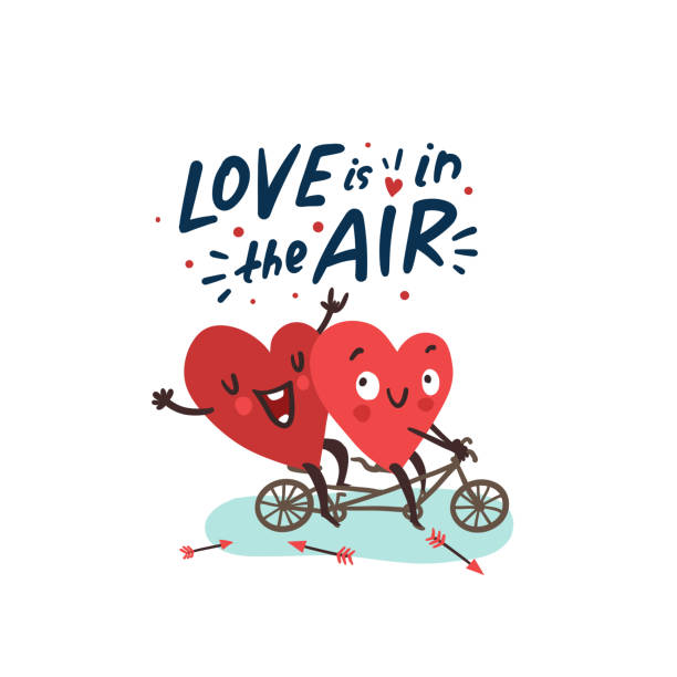 hearts_autumn2017 Couple in love. Two happy hearts biking. Hand drawn lettering Love is in the Air. Valentine's Day vector card forever friends stock illustrations