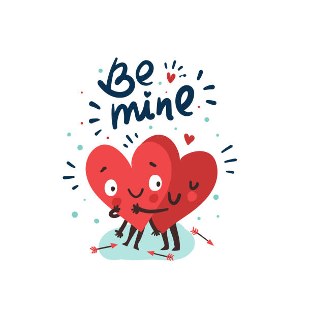 Couple in love concept, two cute hearts hugging Couple in love concept, two cute hearts hugging. Hand Drawn Lettering "Be mine". Valentine's Day Vector Card good job emoji stock illustrations