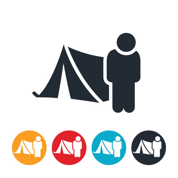 Homeless Person and Tent Icon An icon of a homeless person standing next to their home, a tent. face down stock illustrations