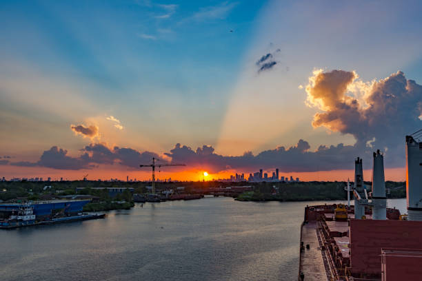 Red sunset over Houston, Texas. View from city docks