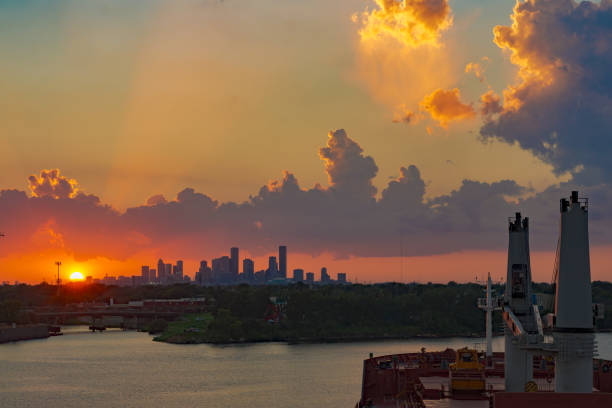 istock Red sunset over Houston, Texas. View from city docks 874138930