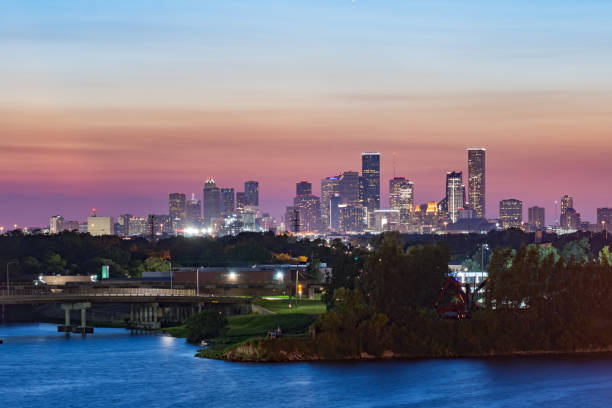 istock Red sunset over Houston, Texas. View from city docks 874138942