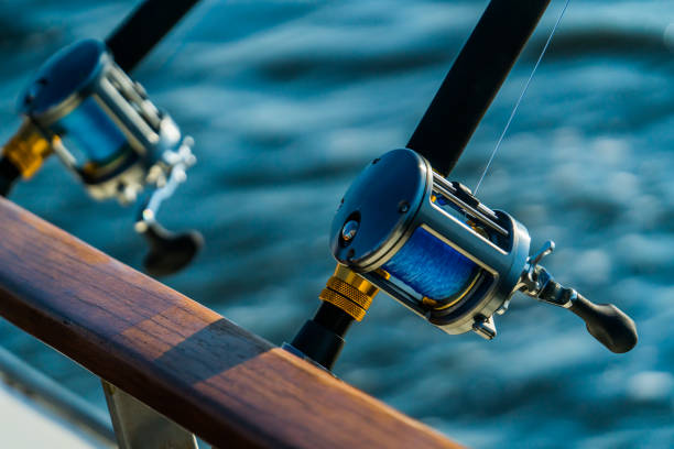 Fishing rod and reel on boat Fishing gear on deep sea sport fishing trip in the bay at sunset freshwater fishing photos stock pictures, royalty-free photos & images