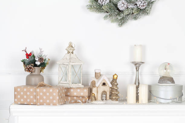 istock Colorful Christmas decorations on fireplace mantle 874139098