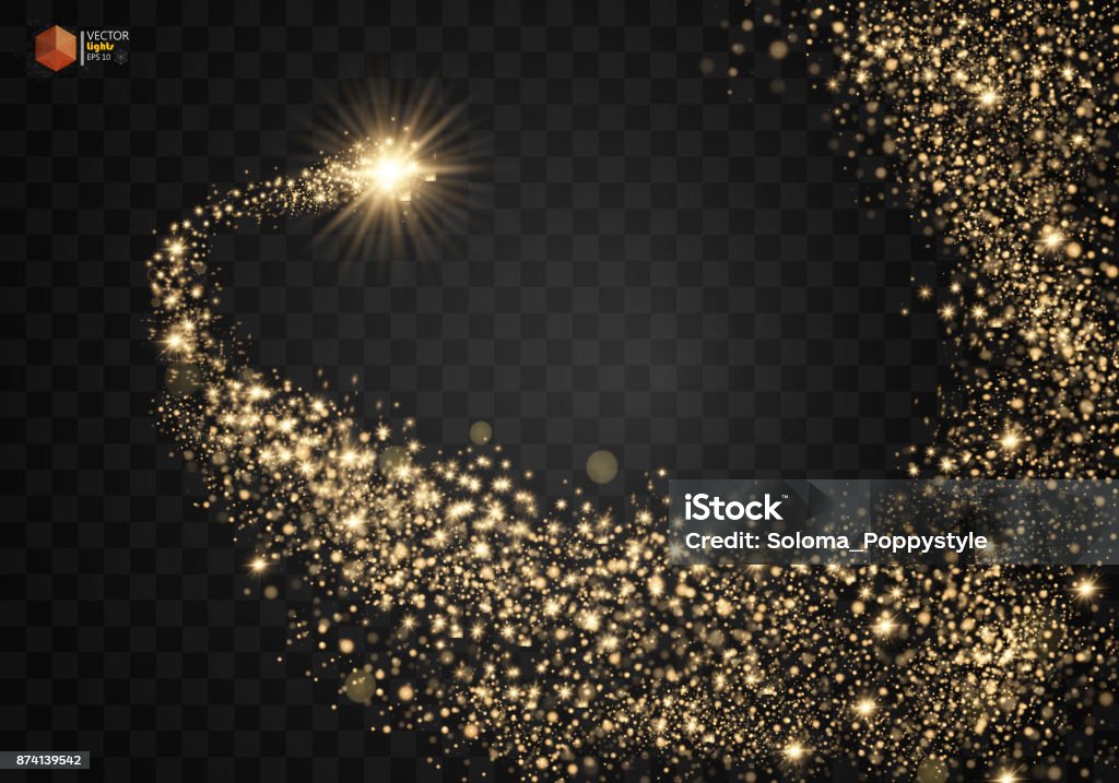 Cosmic glittering wave. Gold glittering stars dust trail sparkling particles on transparent background. Space comet tail. EPS 10 vector Footpath stock vector