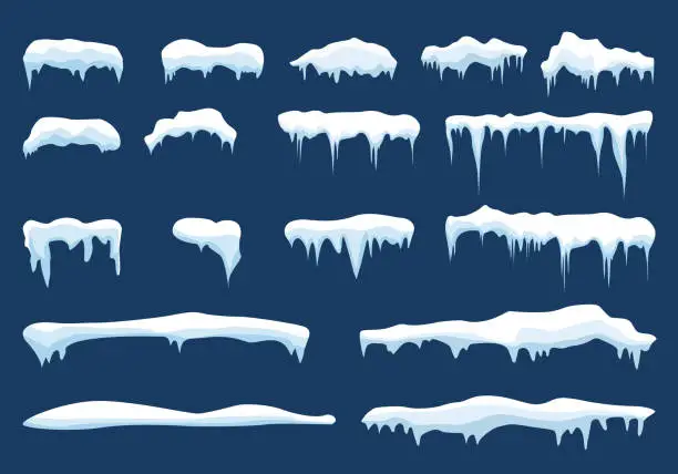 Vector illustration of Set of snow icicles, snow cap isolated. Snowy elements on winter background. Vector template in cartoon style