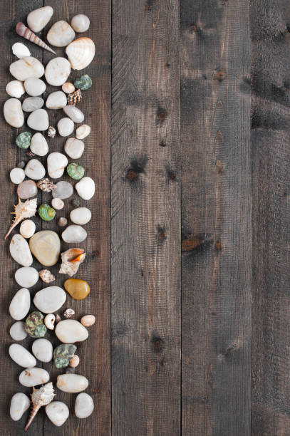 istock Wooden background with sea shells and pebble 874140302