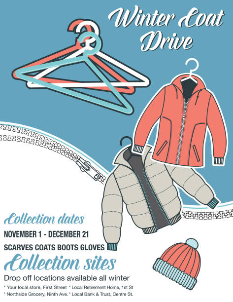 illustrazioni stock, clip art, cartoni animati e icone di tendenza di modello poster di beneficenza winter coat drive - casacca