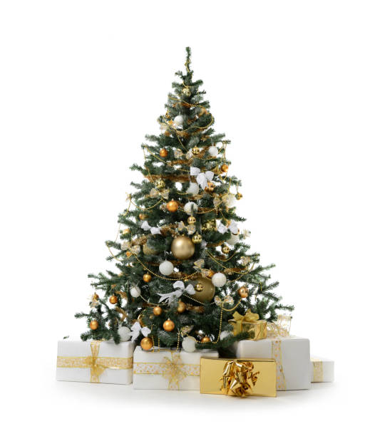 istock Decorated Christmas tree with golden patchwork ornament artificial gold balls and big gift presents for new year 874146906
