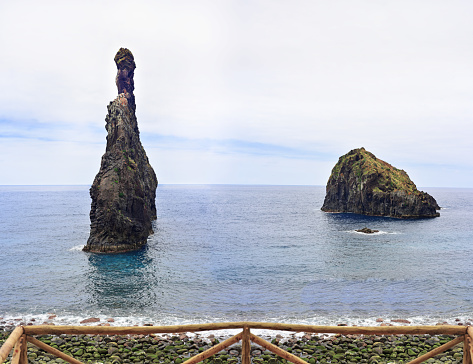 Madeira island. Ilheus da Rib and Ilheus Janela rocks in Atlantic ocean.