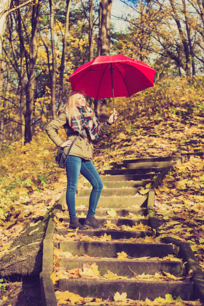 istock Woman walking in park with umbrella 874156952