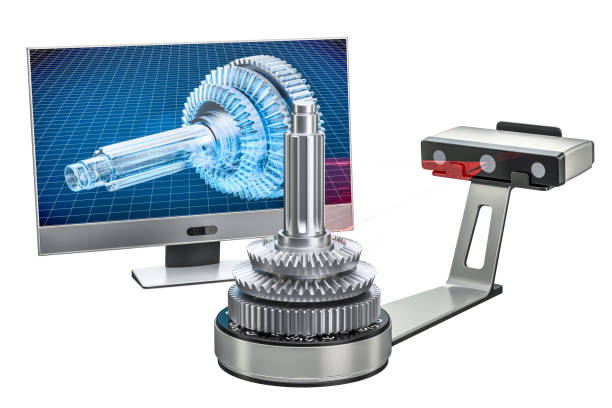 3d scanner scanning of object with computer monitor, 3D rendering isolated on white background