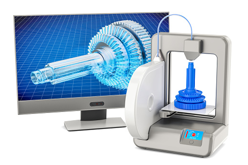 impresora 3D con monitor de la computadora, renderizado 3D aislado sobre fondo blanco photo