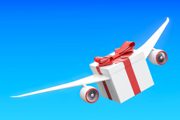 Gift delivery concept. Gift box with wings flying in the sky, 3D rendering isolated on white background