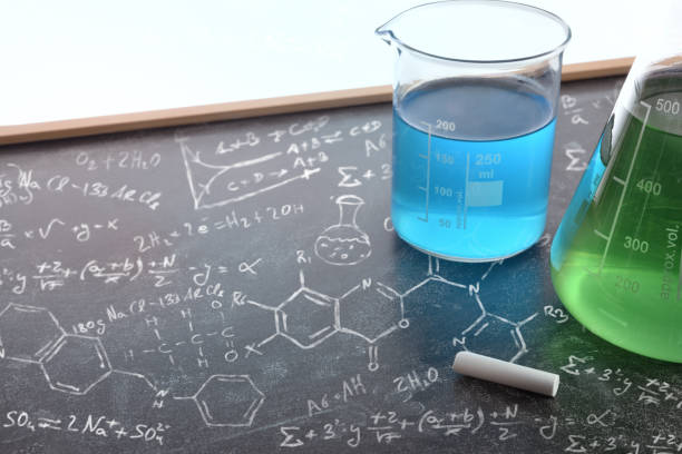istock Chemistry teaching with drawn blackboard with chemical instruments 874157602