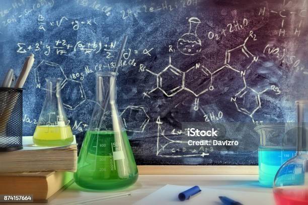 Classroom Desk And Drawn Blackboard Of Chemistry Teaching General View Stock Photo - Download Image Now