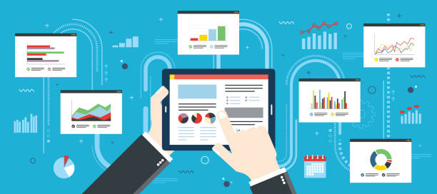 ilustraciones, imágenes clip art, dibujos animados e iconos de stock de financiar inversión planificación, estrategia de análisis gráfico en dispositivo móvil. - analytical instruments