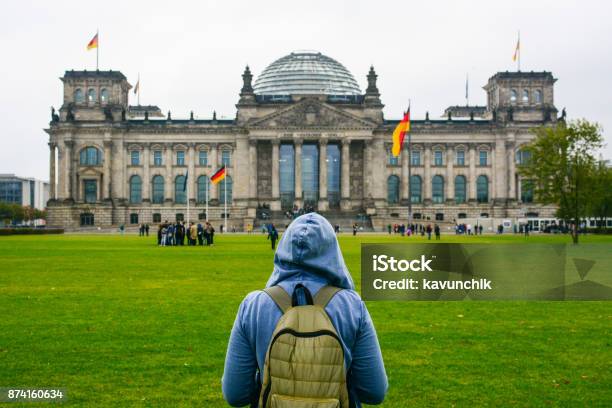 Home Away From Home Young Woman With Backpack Looking At Bundestag Building Stock Photo - Download Image Now