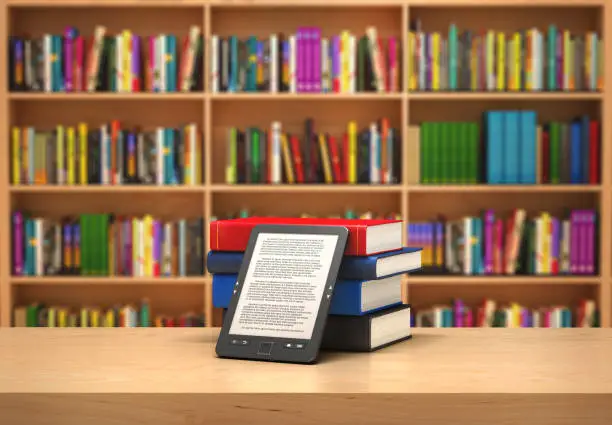 Book reader on the blurred background; 3d illustration