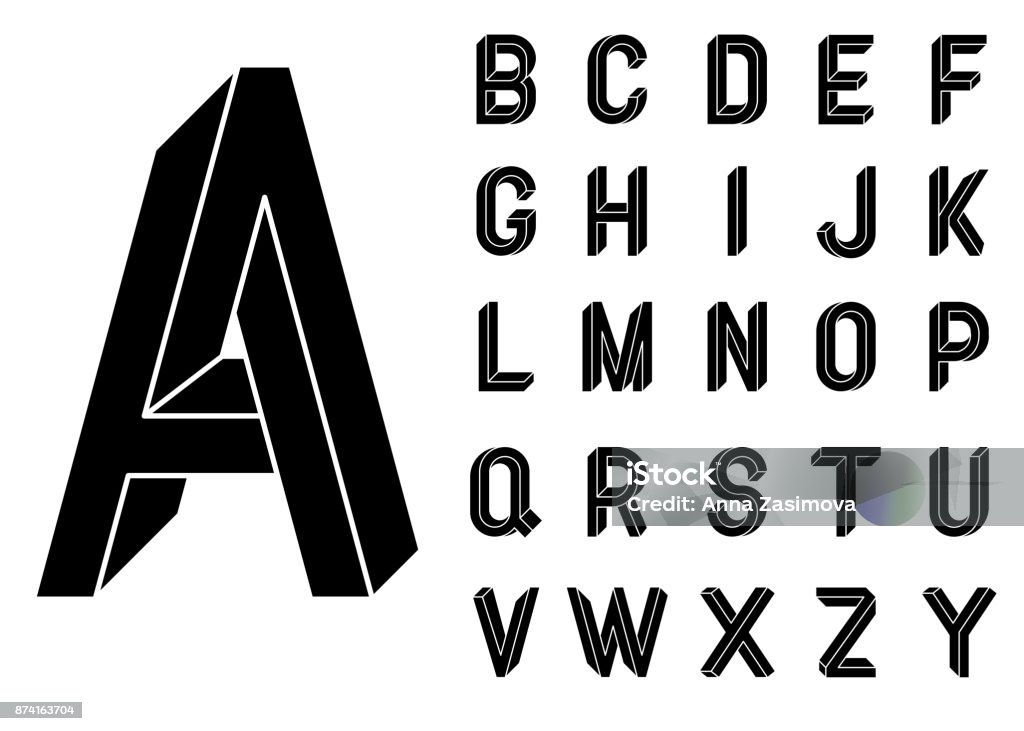 Impossible Geometry letters. Impossible shape font. Low poly 3d characters. Geometric font. Isometric graphics 3d abc. Black letters on a white background. Vector illustration 10 eps - Royalty-free Texto datilografado arte vetorial