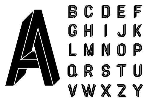 Impossible Geometry letters. Impossible shape font. Low poly 3d characters. Geometric font. Isometric graphics 3d abc. Black letters on a white background. Vector illustration 10 eps.