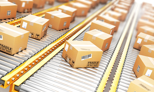 Delivery concept. Cardboard boxes on a conveyor line. 3d illustration