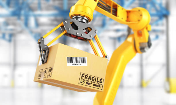 istock Factory manipulator. Automatic hand hold the cardboard box above conveyor 874164798